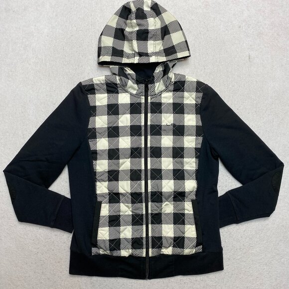 LRL Ralph Lauren Hoodie Womens M Black Full Zip Chess Board Elbow Patches - Picture 1 of 10
